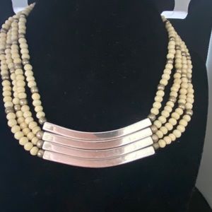 Bone Beaded Necklace Checker 4 Strands Japan Rhinestones Vintage